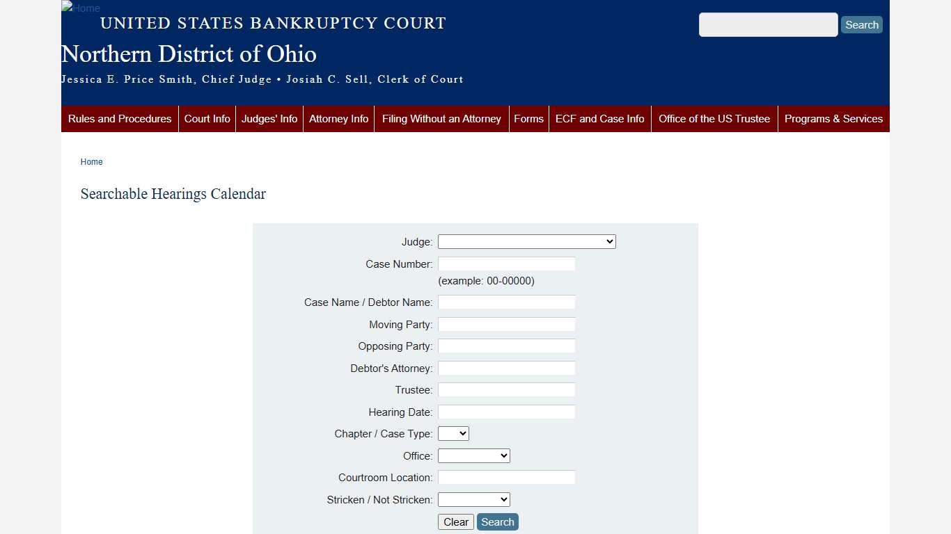 Searchable Hearings Calendar Northern District of Ohio United States Bankruptcy Court