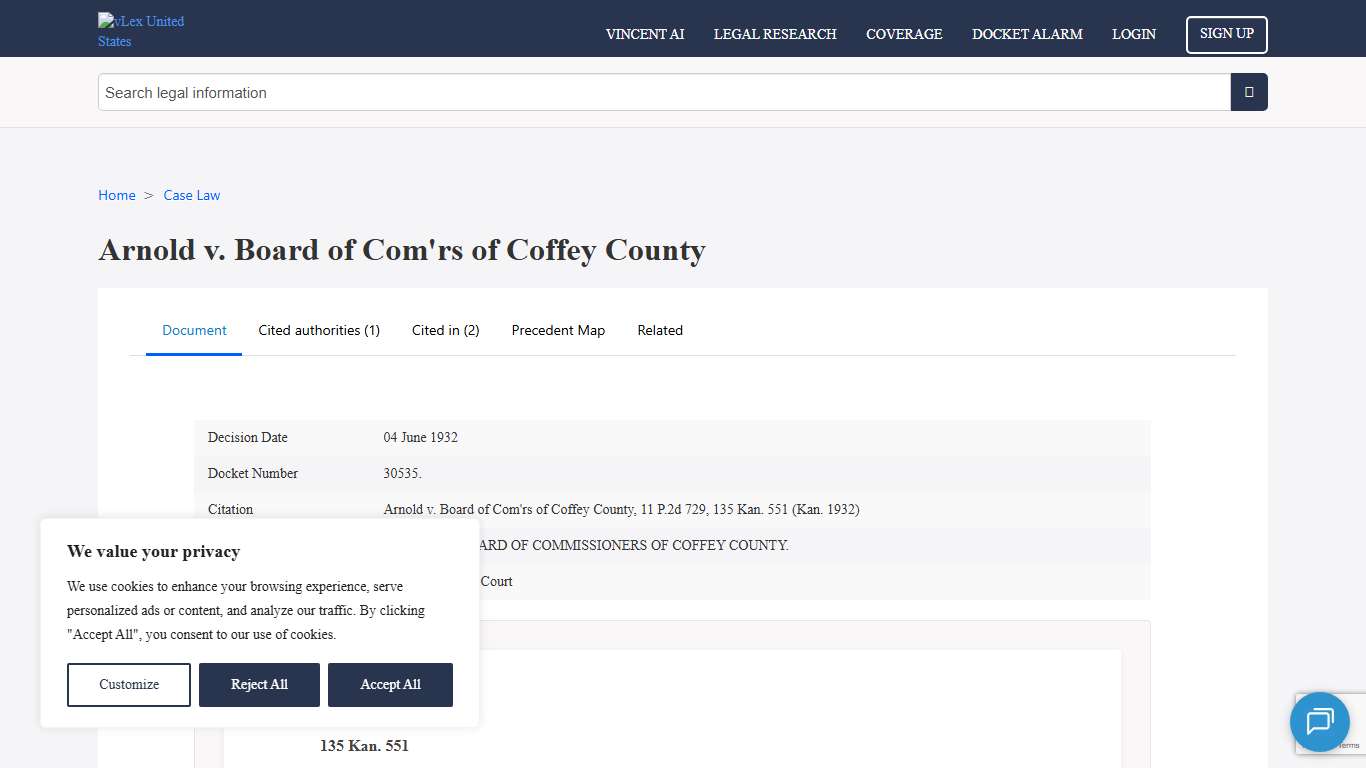Arnold v. Board of Com'rs of Coffey County (Arnold v. Board of Com'rs of Coffey County, 11 P.2d 729, 135 Kan. 551 (Kan. 1932)) - vLex United States