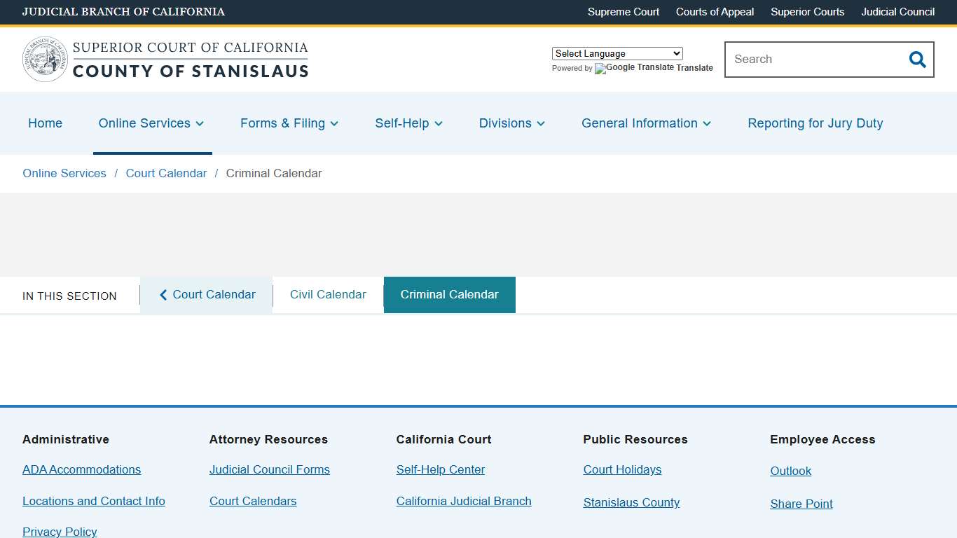Criminal Calendar Superior Court of California County of Stanislaus