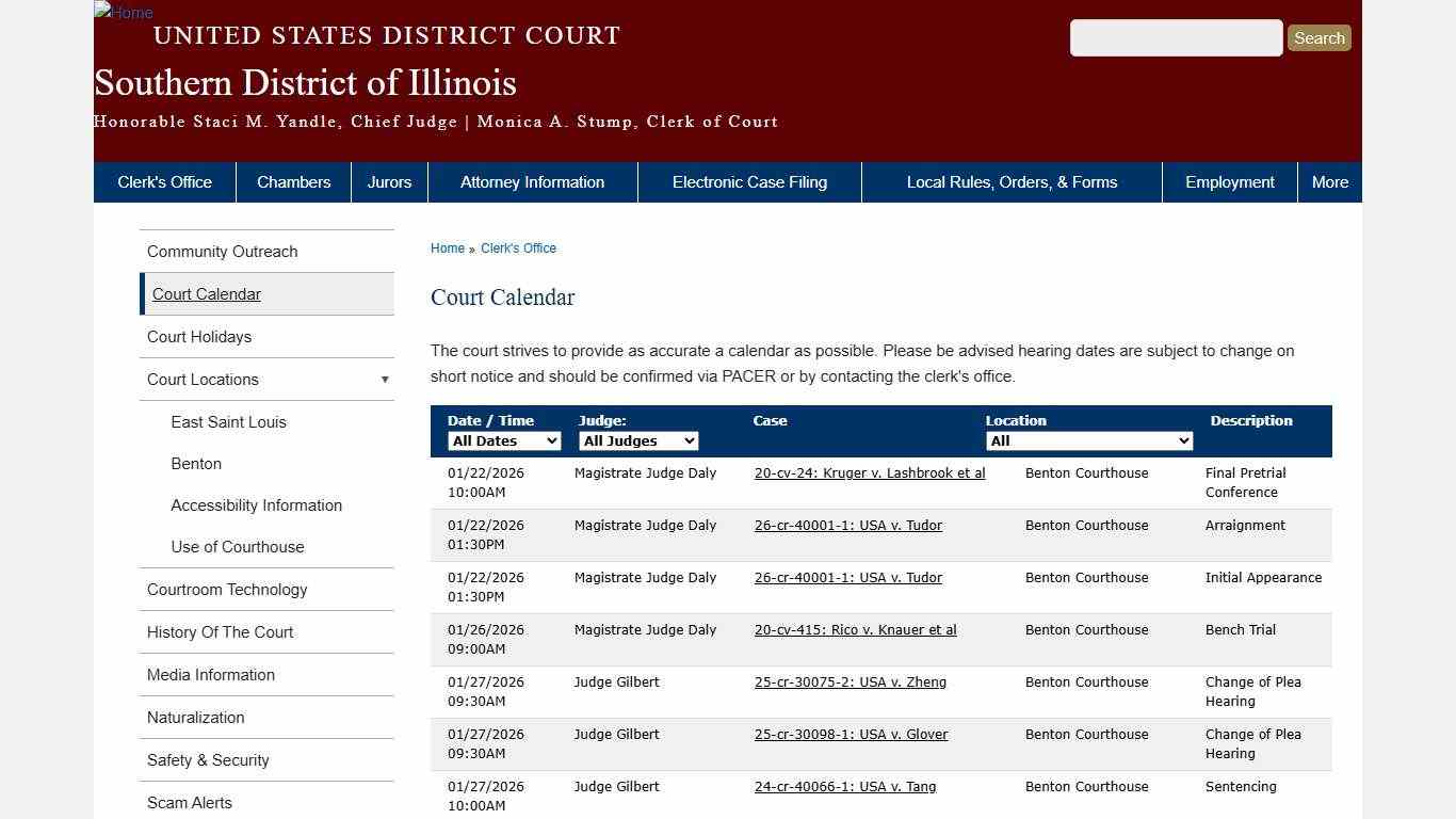 Court Calendar Southern District of Illinois United States District Court